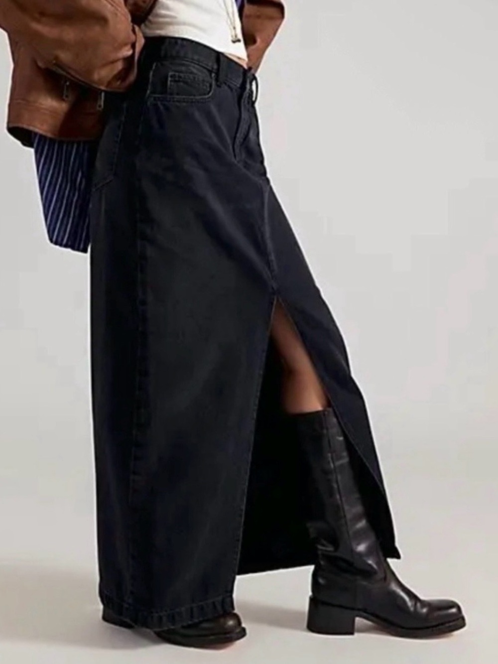 #860 We The Free Nothing Better Black Denim Maxi Skirt with High Waist
